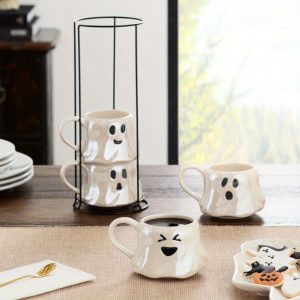 Halloween 13-Ounce White Ghost Stoneware Stackable Mug Set with Iron Rack