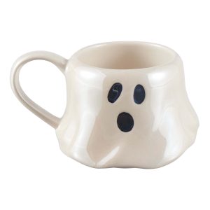 Halloween 13-Ounce White Ghost Stoneware Stackable Mug Set with Iron Rack, by