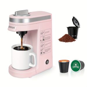 CHULUX Pink Single Serve Coffee Maker with Reusable Coffee Filter for K Pod Capsule Ground Coffee Tea Leaf, Mini Single Cup Coffee Machine with 12 Ounce Built-in Water Tank, One Button for Fast Brewing