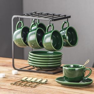 Set, Ceramic Espresso Coffee Cup Set - Porcelain 4 Oz Espresso Cups Set With Spoons Saucers And Metal Stand For Tea Cafe Cappuccino Latte - Set Of 6 - Green