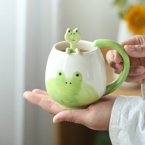 Frog Cup For Cafe, Sweet Cups, Frog Mug With Spoon, 13.53 Oz, Cute Coffee Cup, Frog Tea Cup, Ceramic Coffee Mug, Frog Mug For Tea, Coffee, Milk, Gift